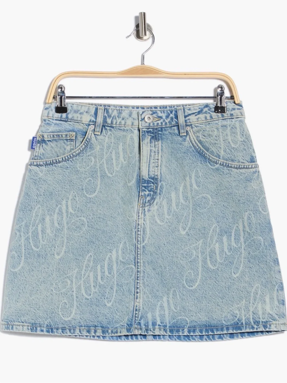 NWT HUGO Light Blue Denim Mini Skirt with Script Logo XS - Picture 1 of 9